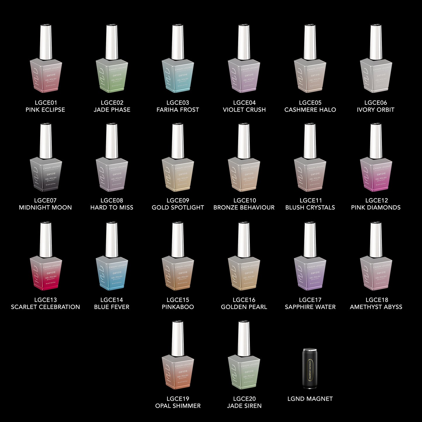 Chaun Legend Cat Eye Full Collection Gel Polish bottles