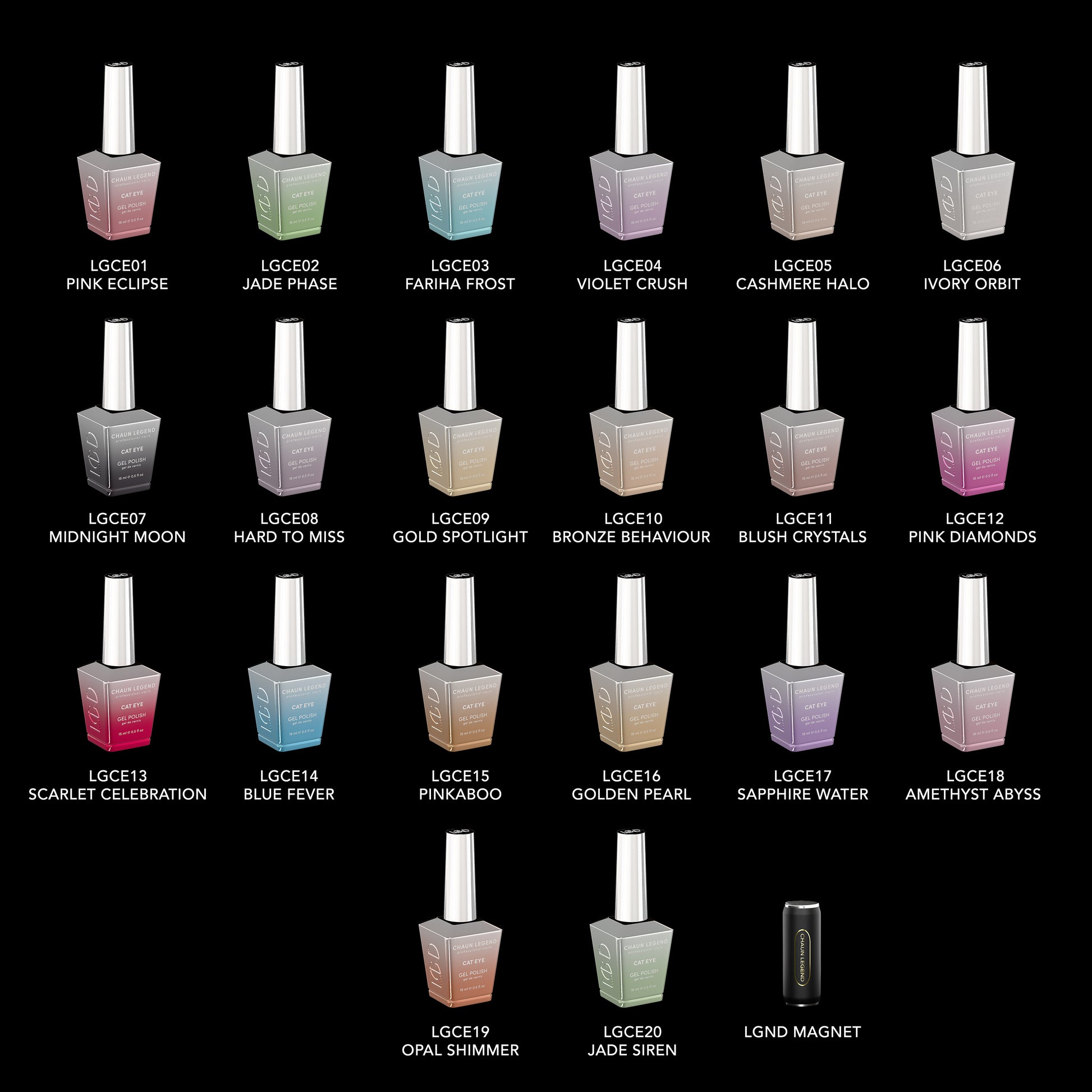 Chaun Legend Cat Eye Full Collection Gel Polish bottles