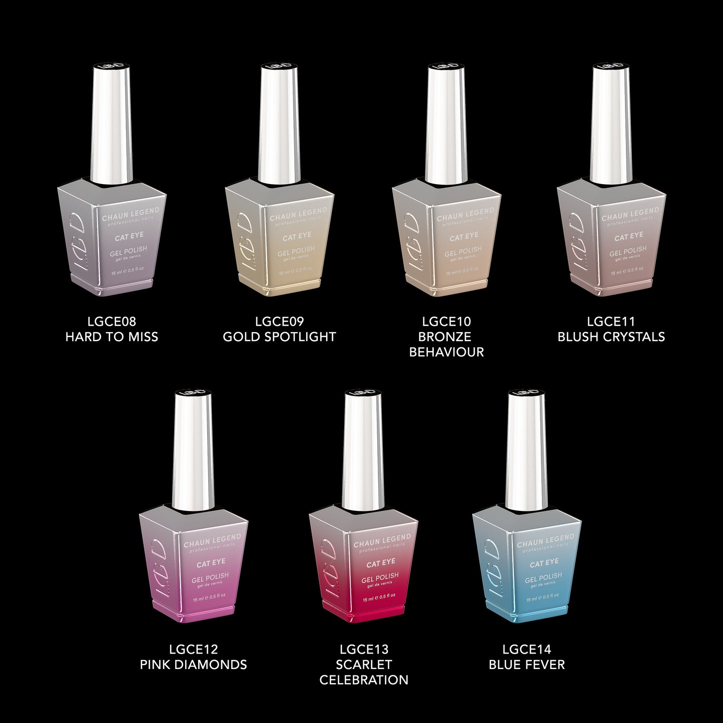 Chaun Legend Cat Eye Glitter Collection Gel Polish bottles
