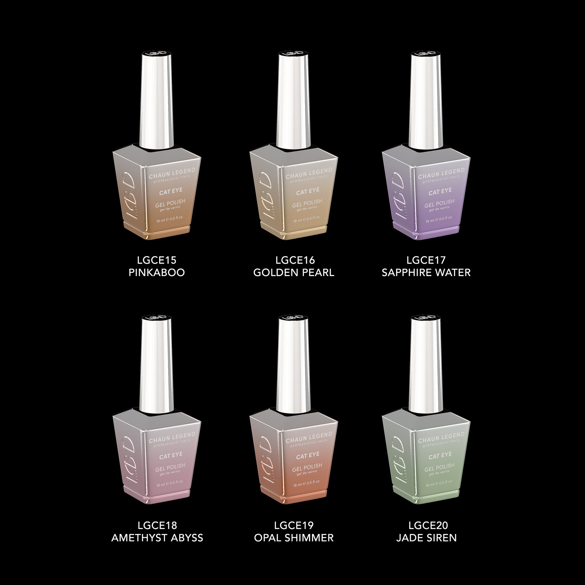 Chaun Legend Cat Eye Shimmer Collection Gel Polish bottles