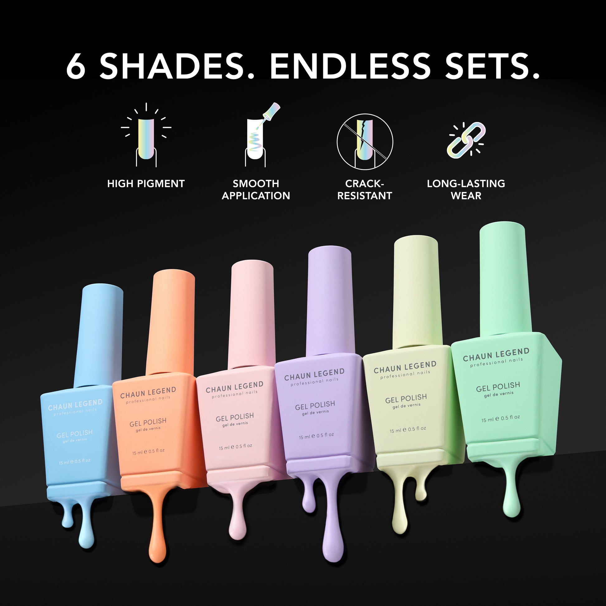 Set of six gel polish bottles from Chaun Legend V.2 Spring Bundle with features stated.