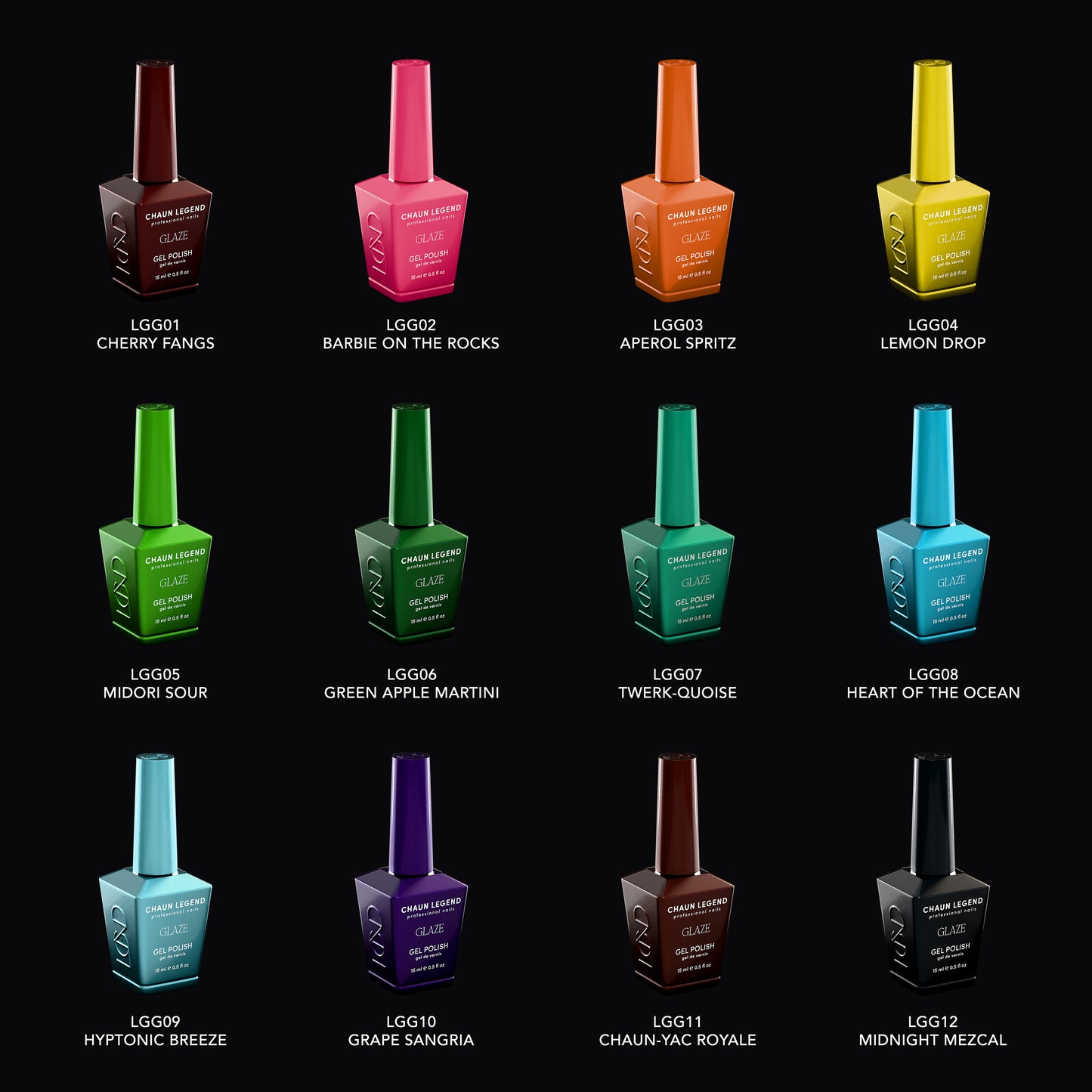 Each shade in the Glaze Collection with name and sku